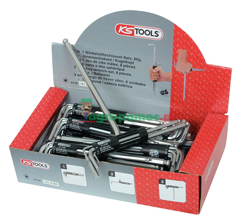 KS Tools CLASSIC 3 in 1 Kugelkopf-Innensechskant-Winkelstiftschlüssel-Display, extra lang, 18-tlg., 2-10